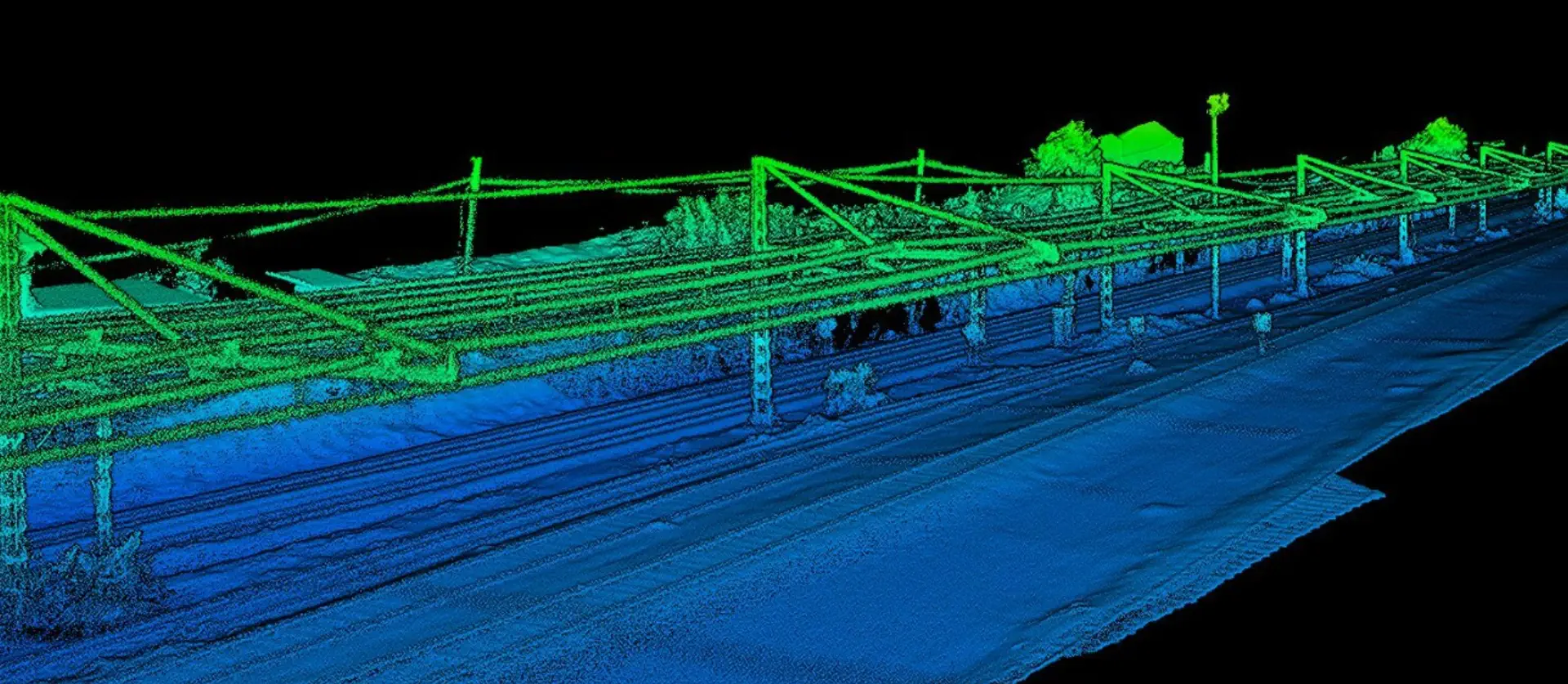 Nube de puntos LiDAR de un corredor de infraestructuras capturado con drones